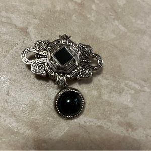 Nony of NY Vintage Silver Tone Ornate Floral With Black Glass Stones  Pin Brooch